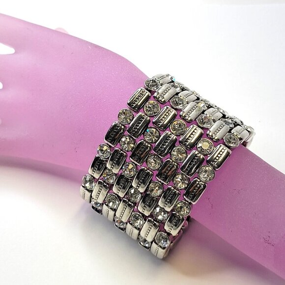 Women's Crystal Silver Tone Wide Stretch Cuff Bracelet - Picture 3 of 10